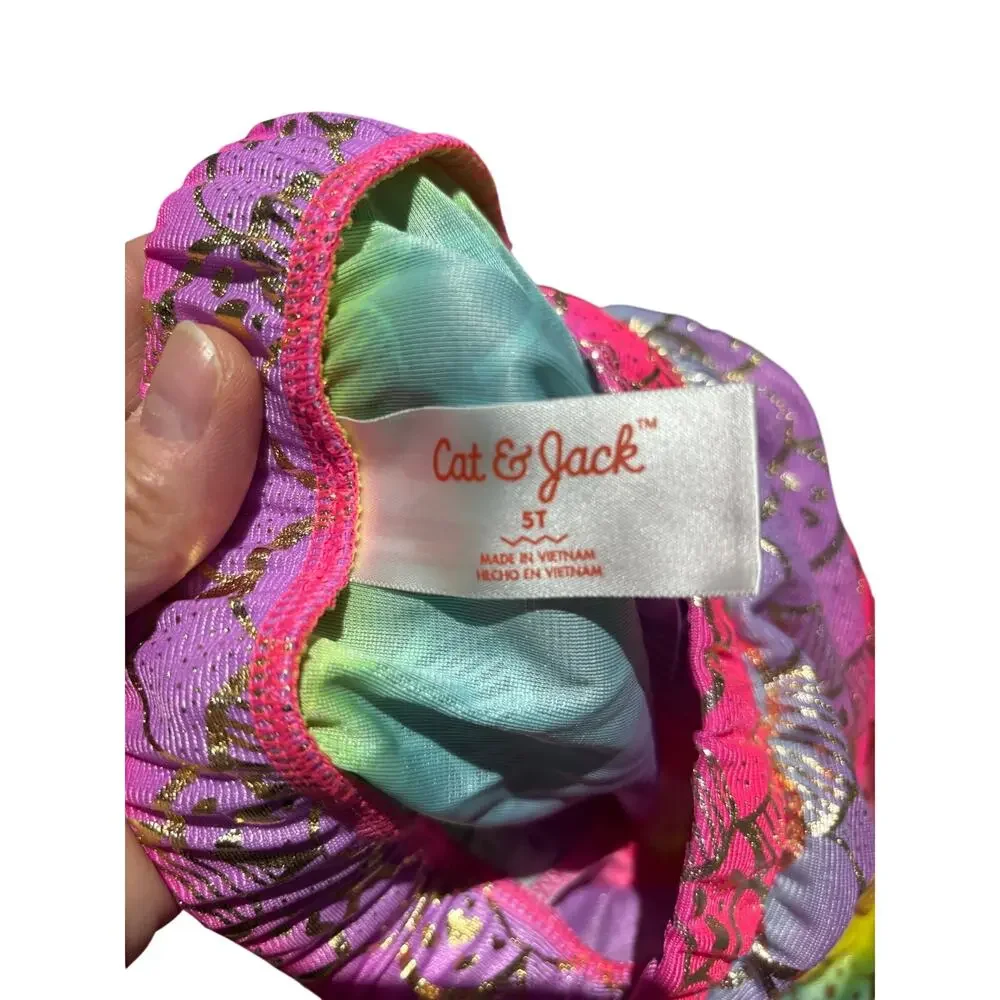Cat and Jack 5t mermaid bikini and skirt tutu set metallic hot pink rainbow euc